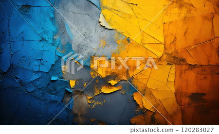 Vivid blue and yellow peeling paint revealing texture and layers revealing layered textures on a weathered surface. 120283027