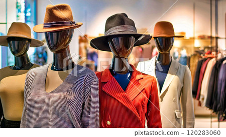 Various stylish mannequins displaying trendy clothing in boutique. 120283060