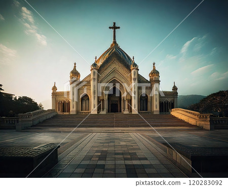 An ornate temple features stunning golden domes and carvings, situated. An ornate temple features stunning golden domes and carvings, situated. 120283092