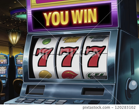 Winning moment on a colorful slot machine with three sevens at a busy casino. 120283102