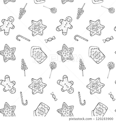 Seamless vector pattern of hand drawn Christmas lollipops, cookies, candy canes. Gingerbread man, stars, holiday house, snowflakes for confectionery packaging, festive designs, wrapping paper, textile Seamless vector pattern of hand drawn Christmas lollipops, cookies, candy canes. Gingerbread man, stars, holiday house, snowflakes for confectionery packaging, festive designs, wrapping paper, textile 120283900