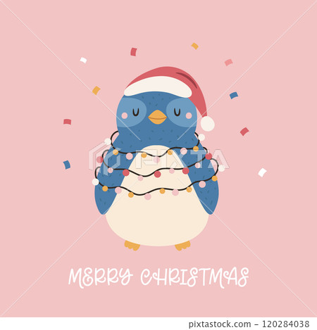 Christmas Greeting Card with Funny Blue Penguin in Santa Hat Wrapped in Garland Christmas Greeting Card with Funny Blue Penguin in Santa Hat Wrapped in Garland 120284038
