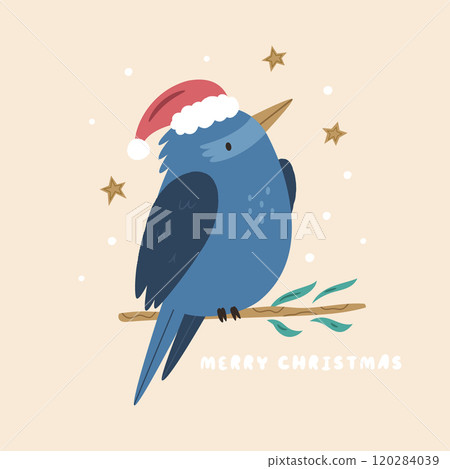 Christmas Greeting Card with Funny Kookaburra in Santa Hat 120284039
