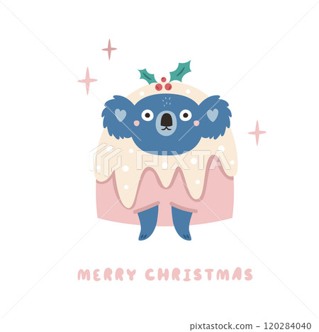 Christmas Greeting Card with Funny Koala in a Cake. 120284040
