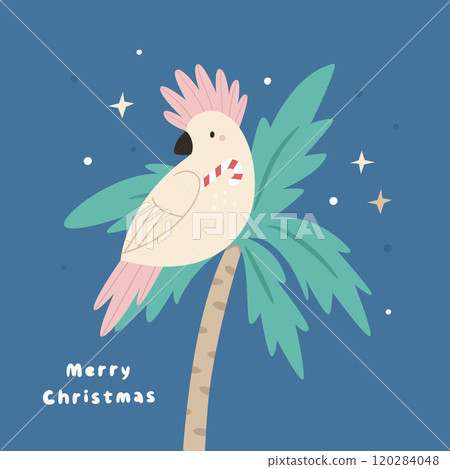 Christmas Greeting Card with Funny Cockatoo Sitting at the Palm. Christmas Greeting Card with Funny Cockatoo Sitting at the Palm. 120284048