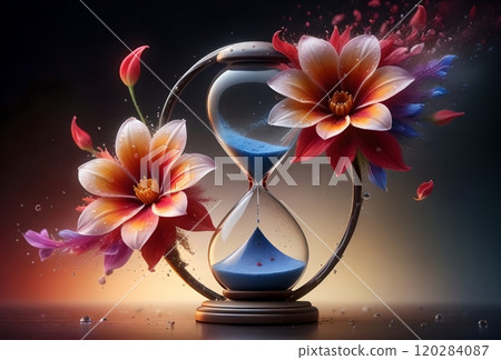 abstract background of colorful bright flowers and petals and hourglass 120284087