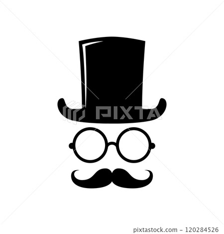 Gentleman in vintage hat and mustache in minimal style. Design element for decoration, poster, banner. Vector illustration Gentleman in vintage hat and mustache in minimal style. Design element for decoration, poster, banner. Vector illustration 120284526