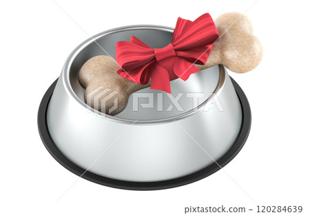Dog bone with red bow inside bowl, 3D rendering Dog bone with red bow inside bowl, 3D rendering 120284639