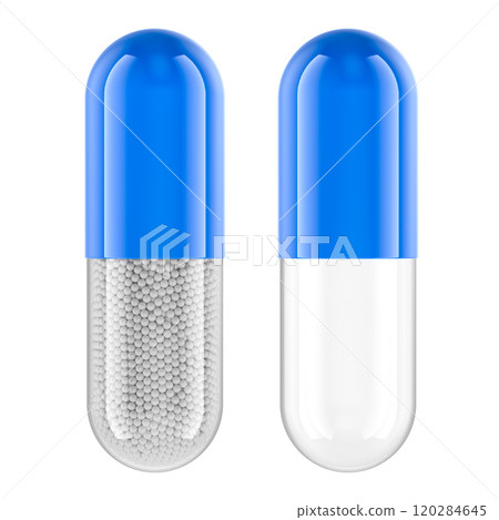 Full and empty medicament capsules, 3D rendering 120284645