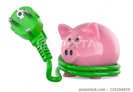 Piggy Bank with green power plug around. Saving energy consumption concept, 3D rendering Piggy Bank with green power plug around. Saving energy consumption concept, 3D rendering 120284659