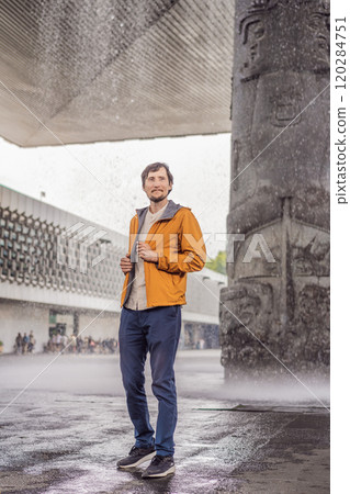 Male tourist exploring the National Museum of Anthropology in Mexico City. Cultural heritage and historical exploration concept 120284751