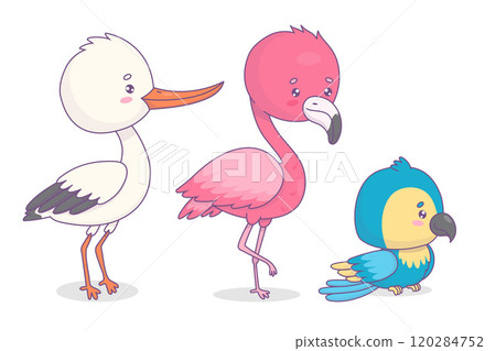 Cute birds set. Funny pink flamingo, white stork and Ara parrot. Isolated cartoon kawaii characters. Vector illustration. Kids collection Cute birds set. Funny pink flamingo, white stork and Ara parrot. Isolated cartoon kawaii characters. Vector illustration. Kids collection 120284752