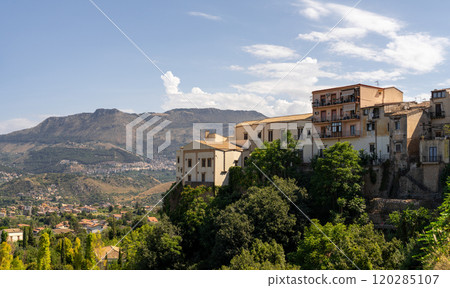 Historic Buildings on hill Overlooking Scenic Valley near Palermo city, Monreale town, Sicily, Southern Italy Historic Buildings on hill Overlooking Scenic Valley near Palermo city, Monreale town, Sicily, Southern Italy 120285107
