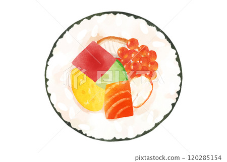 Seafood thick roll with 7 kinds of ingredients (shrimp, eel, cucumber, egg, salmon, tuna, salmon roe) Watercolor touch Seafood thick roll with 7 kinds of ingredients (shrimp, eel, cucumber, egg, salmon, tuna, salmon roe) Watercolor touch 120285154