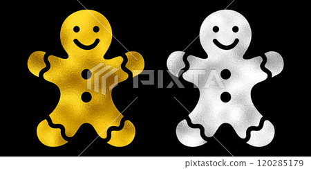Silver and gold illustration of a Christmas gingerbread man cookie silhouette isolated on black background 120285179