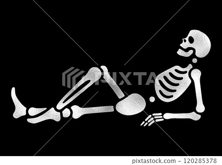 銀色剪紙風格的插圖,顯示一具骨架以草率的姿勢躺著,黑色背景上的剪紙 銀色剪紙風格的插圖,顯示一具骨架以草率的姿勢躺著,黑色背景上的剪紙 120285378