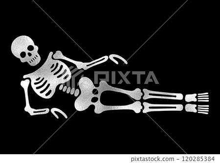 Silver paper-cut style illustration of a skeleton lying down in a sloppy pose, cut out on a black background 120285384
