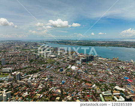 Aerial drone of Cebu city with port, modern buildings and business districts. Philippines. 120285389