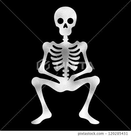 Silver paper-cut style illustration of a skeleton sitting in a sloppy pose, cut out on a black background 120285431