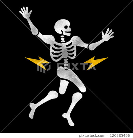 A silver paper-cut style illustration of a skeleton in a comical pose, cut out on a black background A silver paper-cut style illustration of a skeleton in a comical pose, cut out on a black background 120285496