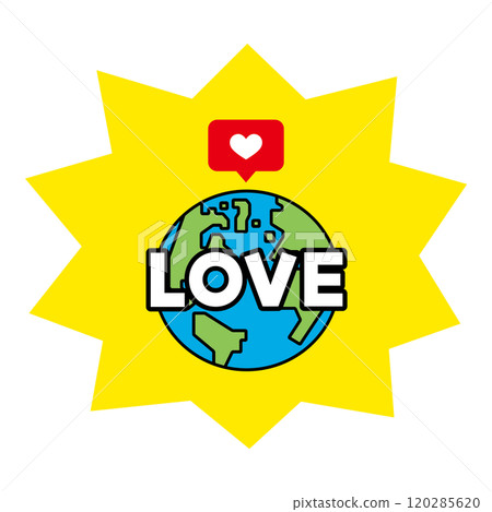 Illustration of the Earth with the word LOVE and a like mark 120285620