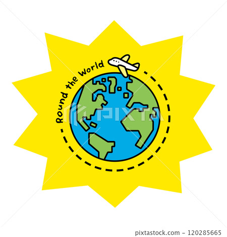 Round the World lettering and illustration of an airplane and the earth Round the World lettering and illustration of an airplane and the earth 120285665