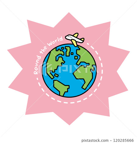Round the World lettering and illustration of an airplane and the earth Round the World lettering and illustration of an airplane and the earth 120285666