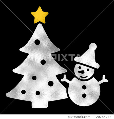 雪人和聖誕樹的銀色和金色鏤空風格插圖,黑色背景上的鏤空 雪人和聖誕樹的銀色和金色鏤空風格插圖,黑色背景上的鏤空 120285748