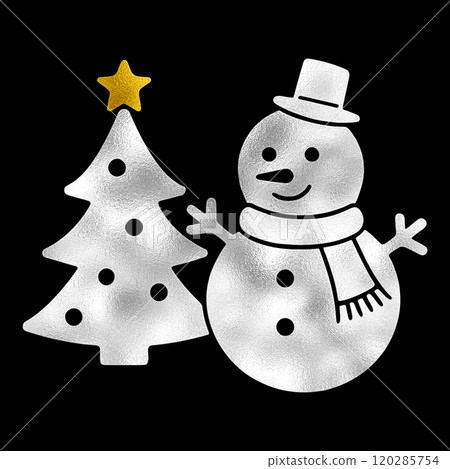 雪人和聖誕樹的銀色和金色鏤空風格插圖，黑色背景上的鏤空 120285754