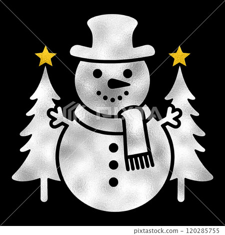 雪人和聖誕樹的銀色和金色鏤空風格插圖，黑色背景上的鏤空 120285755