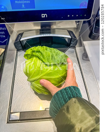 female hand putting the fresh cabbage on Self-Checkout Machine at Store. High quality photo 120285784