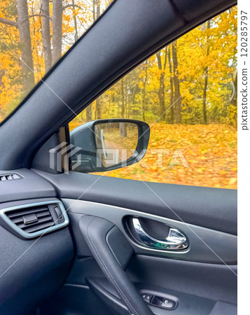Autumn forest view through car window during a scenic drive. High quality photo 120285797