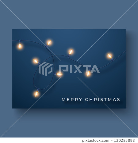 Elegant Christmas card featuring glowing string lights on a dark blue background Elegant Christmas card featuring glowing string lights on a dark blue background 120285898