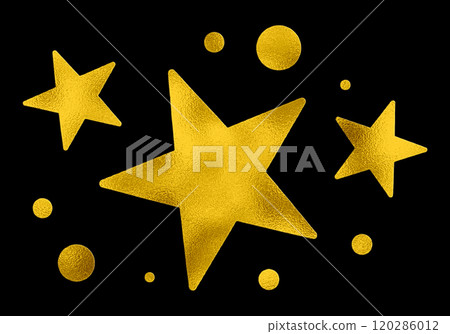 Gold paper-cut illustration of stars and circles on a black background Gold paper-cut illustration of stars and circles on a black background 120286012