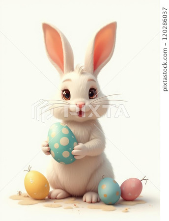 Happy easter wallpaper with cartoon bunny holding an easter eggs and flowers around 120286037