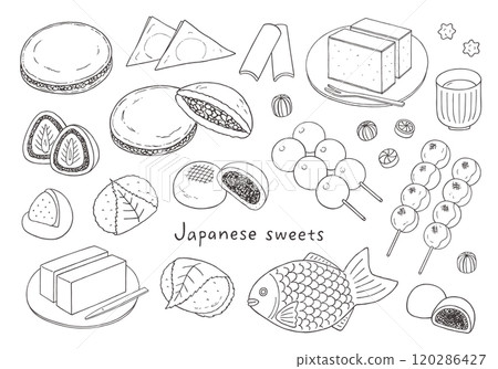 Hand-drawn illustration set related to Japanese sweets (monochrome) 120286427