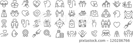 Vector monochrome set of line icons about charity Vector monochrome set of line icons about charity 120286766