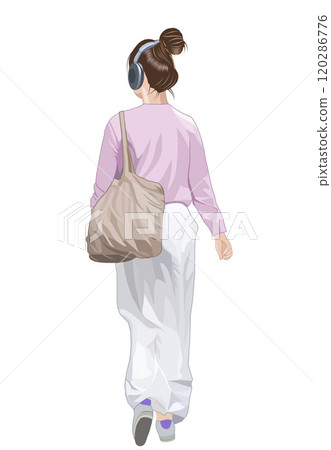 Illustration of a young woman walking with headphones Illustration of a young woman walking with headphones 120286776