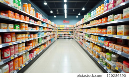 Various brands of infant formula, baby food and powdered milk are for sale on the counter in the store 120286890