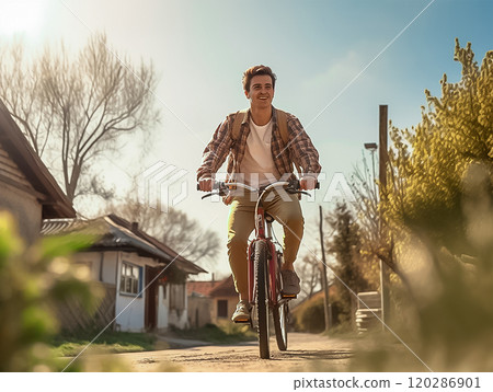 A young European man happily cycling through the countryside, dawn 120286901