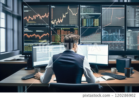 A young male financial analyst analyzes graphs on a monitor, sitting at a desk in the office, a view from the back, dressed in a white shirt and vest 120286902