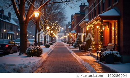Cozy winter city street with garlands, decorated for Christmas holidays, evening background Cozy winter city street with garlands, decorated for Christmas holidays, evening background 120286904