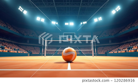 There is a volleyball ball on the floor of the gym 120286916