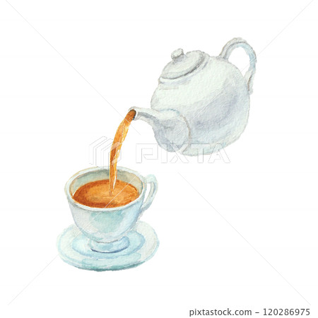 Tea poured from a teapot painted with watercolors Tea poured from a teapot painted with watercolors 120286975