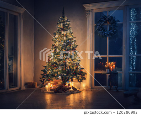 Illuminated gift box at Christmas night 120286992