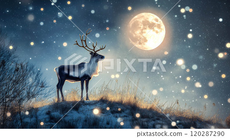 A reindeer stands on a grassy hill under the full moon. The concept of Christmas, nature, serenity, and wildlife under a mystical night sky. Generative AI. 120287290