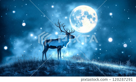 A reindeer stands on a grassy hill under the full moon. The concept of Christmas, nature, serenity, and wildlife under a mystical night sky. Generative AI. A reindeer stands on a grassy hill under the full moon. The concept of Christmas, nature, serenity, and wildlife under a mystical night sky. Generative AI. 120287291