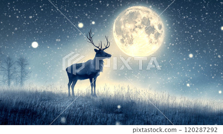 A reindeer stands on a grassy hill under the full moon. The concept of Christmas, nature, serenity, and wildlife under a mystical night sky. Generative AI. 120287292