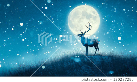 A reindeer stands on a grassy hill under the full moon. The concept of Christmas, nature, serenity, and wildlife under a mystical night sky. Generative AI. 120287293