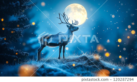 A reindeer stands on a grassy hill under the full moon. The concept of Christmas, nature, serenity, and wildlife under a mystical night sky. Generative AI. A reindeer stands on a grassy hill under the full moon. The concept of Christmas, nature, serenity, and wildlife under a mystical night sky. Generative AI. 120287294